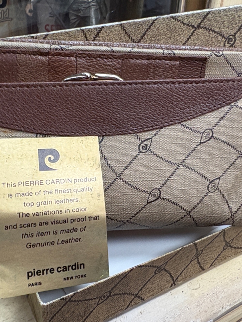 Pierre Cardin Beige Patterned Canvas & Brown Leather Card Holder